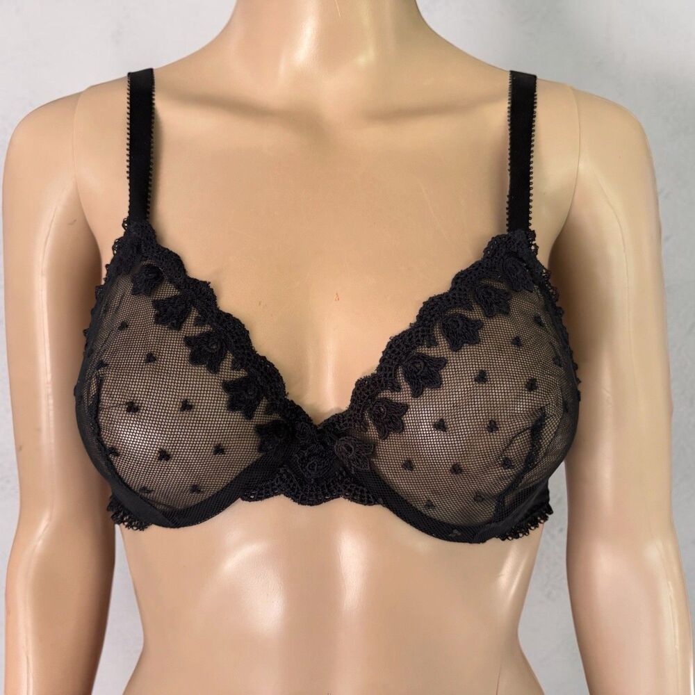 VTG Christian Dior Intimates Black Lace Underwire Bra 34B USA Embroidered Logo